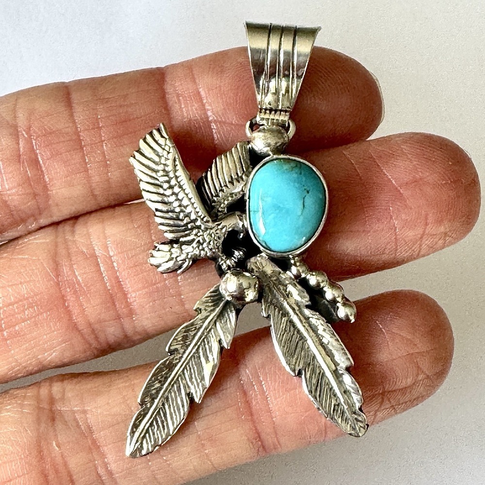 Navajo Eagle Pendant Turquoise 2in Sterling 925 Leaf Feather Francisco Native